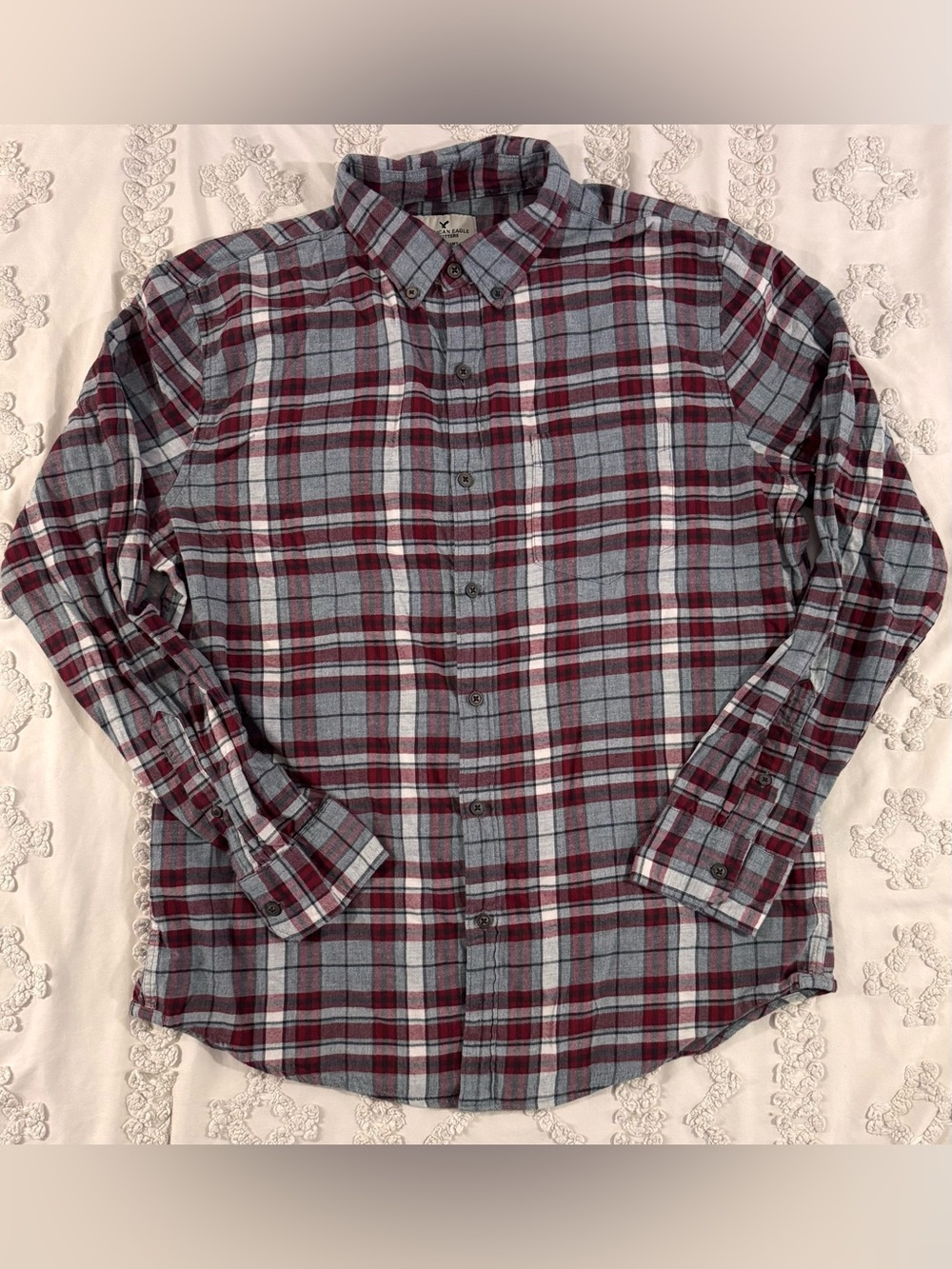 American Eagle Outfitters Gray & Burgundy Plaid Button-Down Shirt